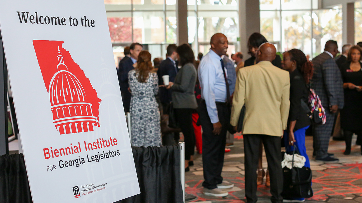 Sign for Biennial Institute for Georgia Legislators at entrance to event